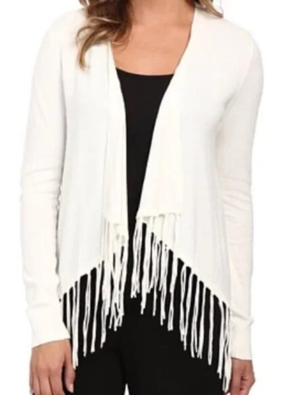 Michael Kors Long Sleeve Open Front Fringe Sweater Cardigan Size S White